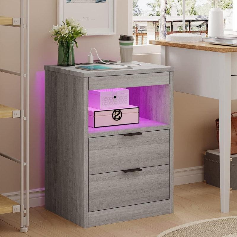 Gri MDF LED Işıklı ve Kablosuz Şarjlı Akıllı Komodin - 223535