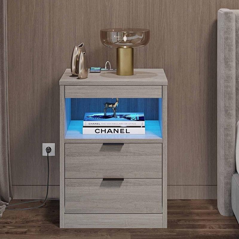Gri MDF LED Işıklı ve Kablosuz Şarjlı Akıllı Komodin - 223535