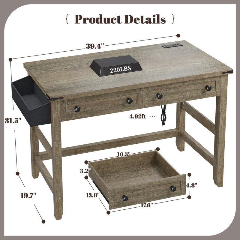 Gri MDF Prizli ve USBli Çekmeceli Vintage Çalışma Masası - 81x51 cm - 234710