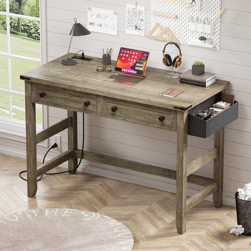 Gri MDF Prizli ve USBli Çekmeceli Vintage Çalışma Masası - 81x51 cm - 234710