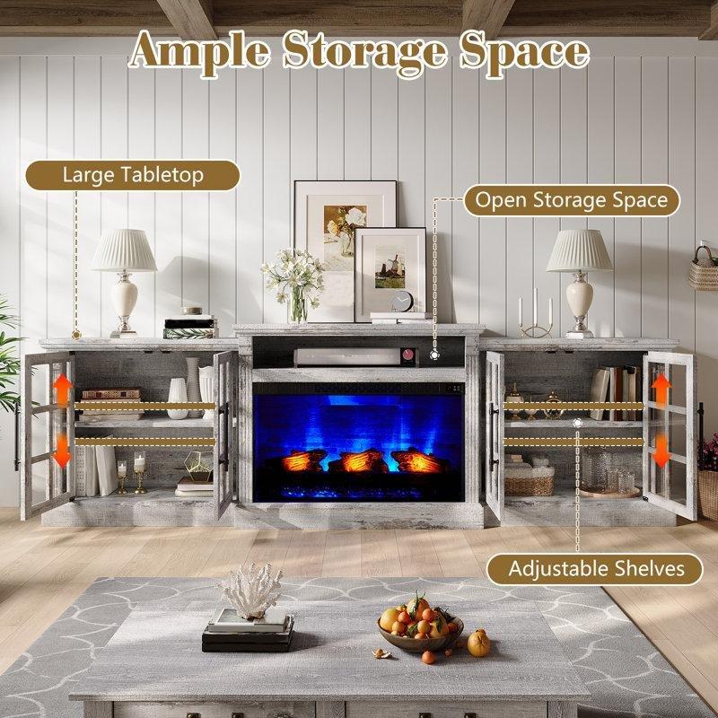 Gri MDF Şömineli Cam Kapaklı TV Ünitesi - 246 cm - 221386