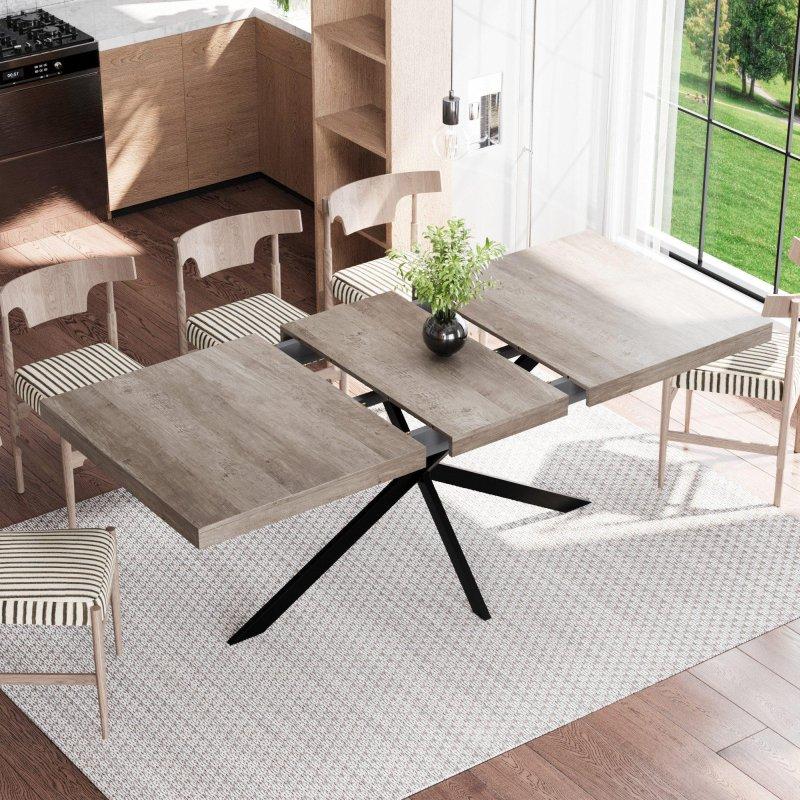 Gri MDF ve Metal Açılabilir Gizli Bölmeli X Ayaklı Bohem Yemek Masası - 140-180 cm - 236817