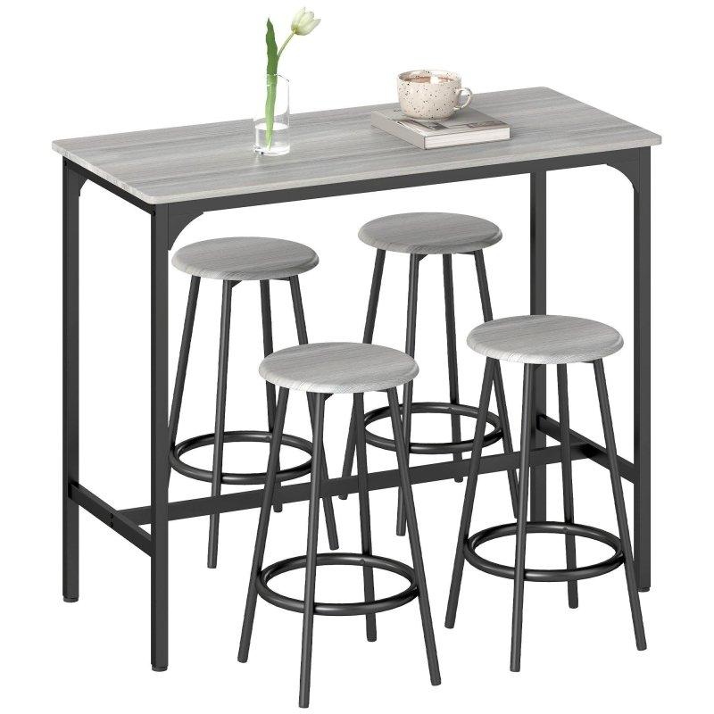 Gri MDF ve Siyah Metal Endüstriyel Tasarım 4 Tabureli Bar Masası Seti - 110x50 cm - 232291