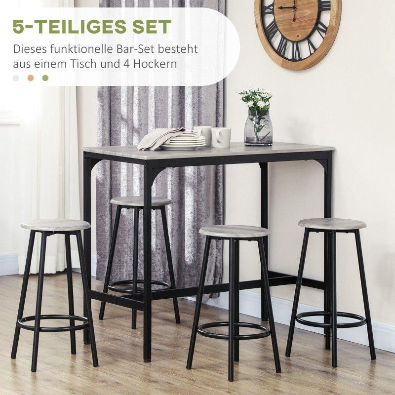 Gri MDF ve Siyah Metal Endüstriyel Tasarım 4 Tabureli Bar Masası Seti - 110x50 cm - 232291