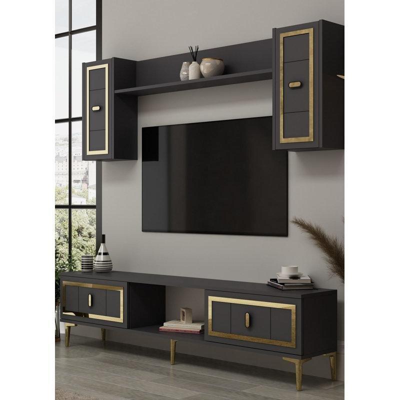 Gri Melamin Kaplı Yonga Levha Duvar Raflı TV Ünitesi - 150 cm - 220124