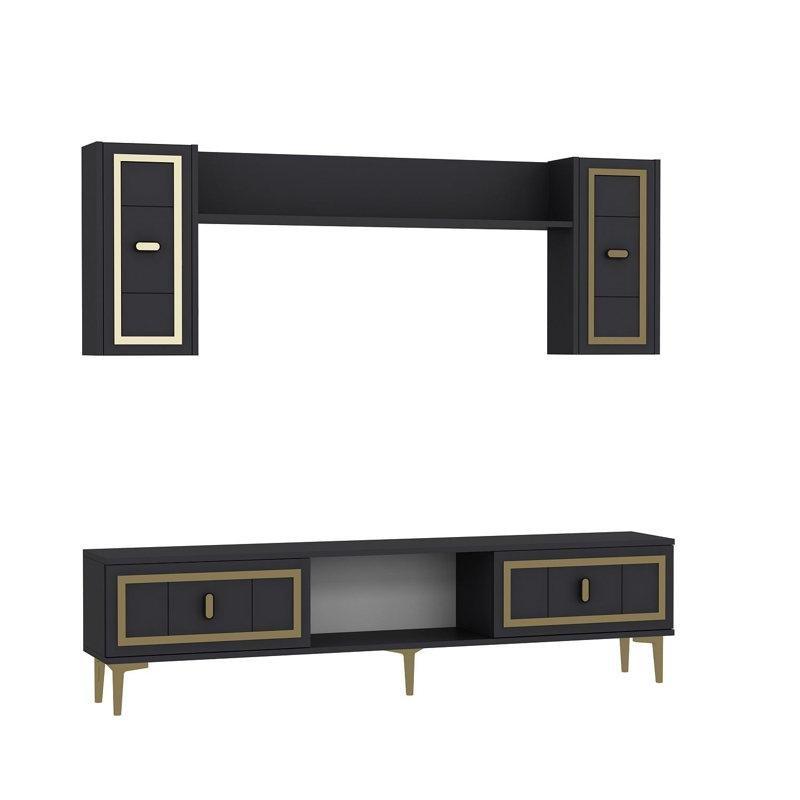 Gri Melamin Kaplı Yonga Levha Duvar Raflı TV Ünitesi - 150 cm - 220124