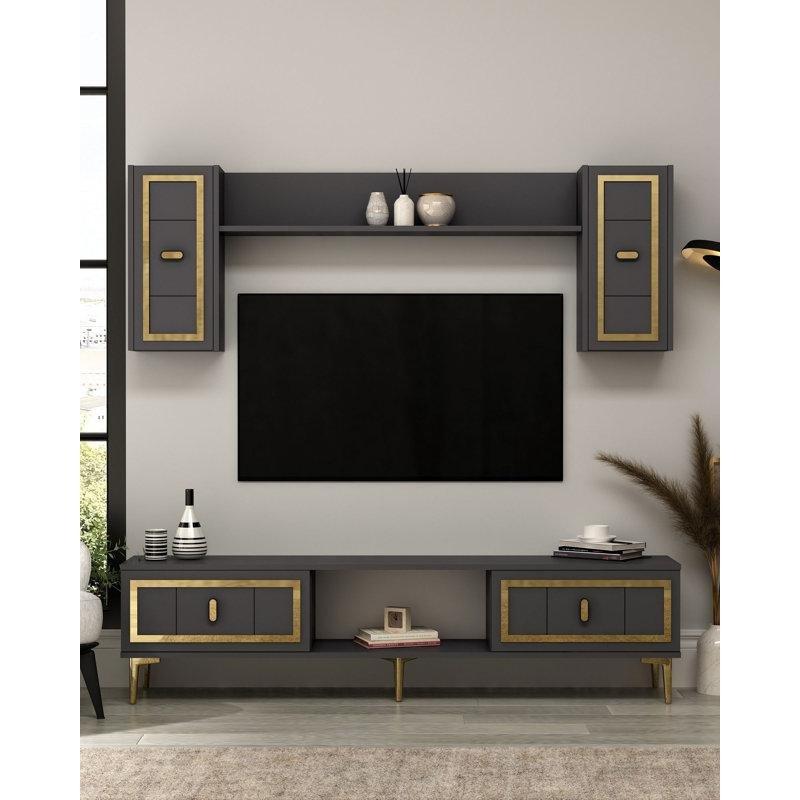 Gri Melamin Kaplı Yonga Levha Duvar Raflı TV Ünitesi - 150 cm - 220124
