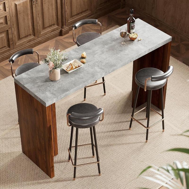 Gri Mermer Desenli Ceviz T Ayaklı LED Işıklı Bar Masası - 140 cm - 231863