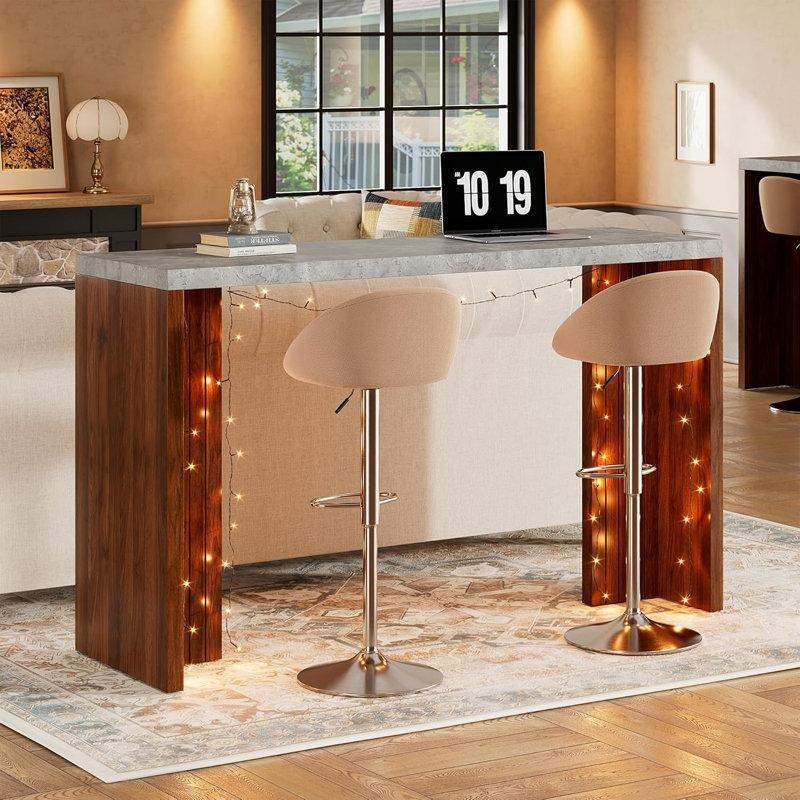 Gri Mermer Desenli Ceviz T Ayaklı LED Işıklı Bar Masası - 140 cm - 231863