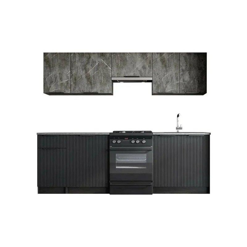 Gri Mermer Desenli Siyah MDF Yavaş Kapanır Mutfak Modeli - 240 cm - 186649