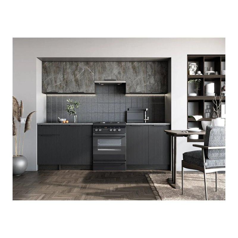 Gri Mermer Desenli Siyah MDF Yavaş Kapanır Mutfak Modeli - 240 cm - 186649