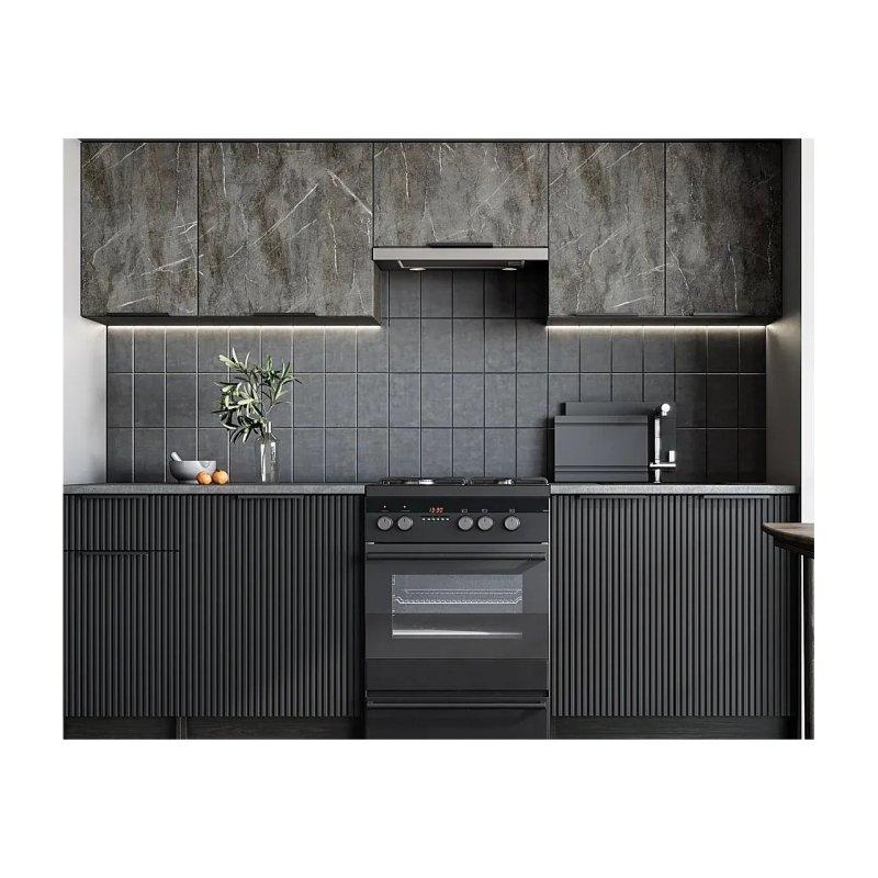 Gri Mermer Desenli Siyah MDF Yavaş Kapanır Mutfak Modeli - 240 cm - 186649
