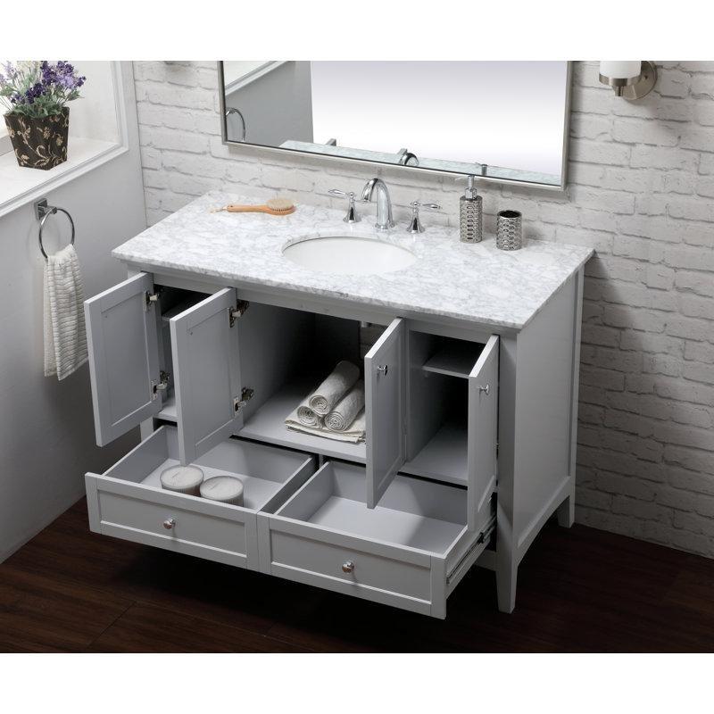 Gri Mermer Tezgahlı MDF Yavaş Kapanır Ayaklı Çekmeceli Banyo Lavabo Dolabı - 122 cm - 200529