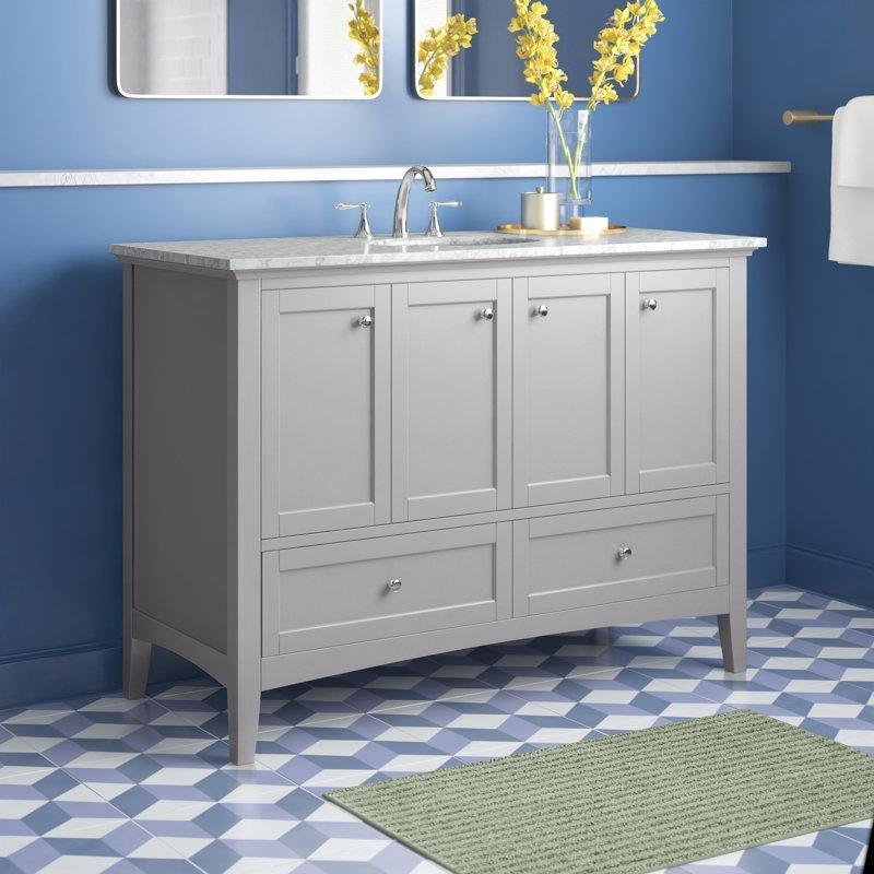 Gri Mermer Tezgahlı MDF Yavaş Kapanır Ayaklı Çekmeceli Banyo Lavabo Dolabı - 122 cm - 200529