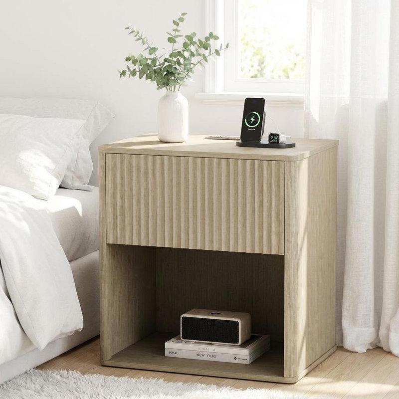Gri Meşe LED Işıklı Prizli ve USBli Yivli Çekmeceli İkili Komodin Seti - 58 cm - 224373
