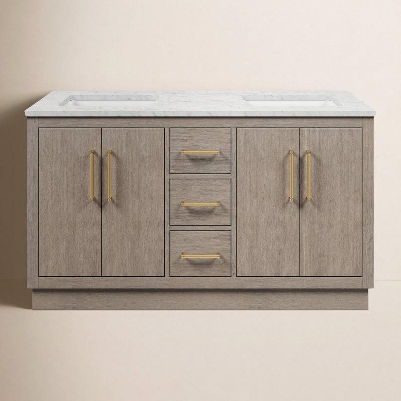 Gri Meşe Masif Ahşap Çift Lavabolu Carrara Mermer Tezgahlı Banyo Dolabı - 153 cm - 198044