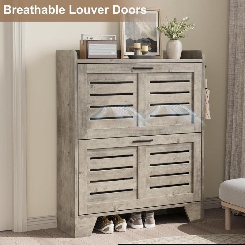 Gri Metal Ayaklı Düşer Kapaklı Panjurlu Ahşap Ayakkabılık - 80x24x98 cm - 228407