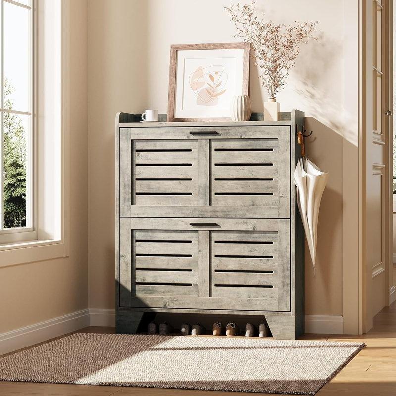 Gri Metal Ayaklı Düşer Kapaklı Panjurlu Ahşap Ayakkabılık - 80x24x98 cm - 228407