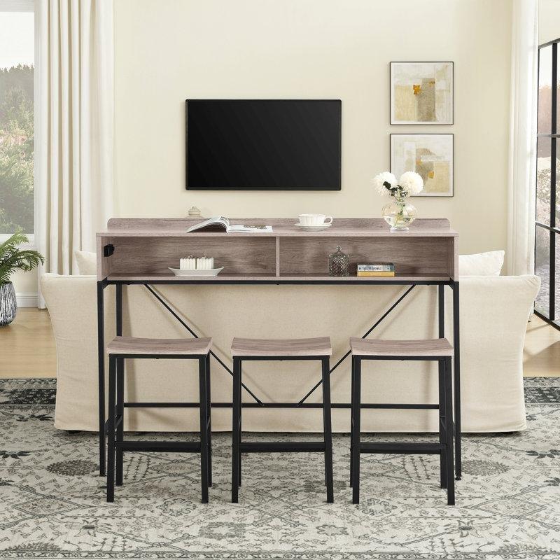 Gri Metal Ayaklı Prizli USB Şarjlı LED Işıklı 3 Tabureli Ahşap Koltuk Arkası Dresuar - 150 cm - 218160