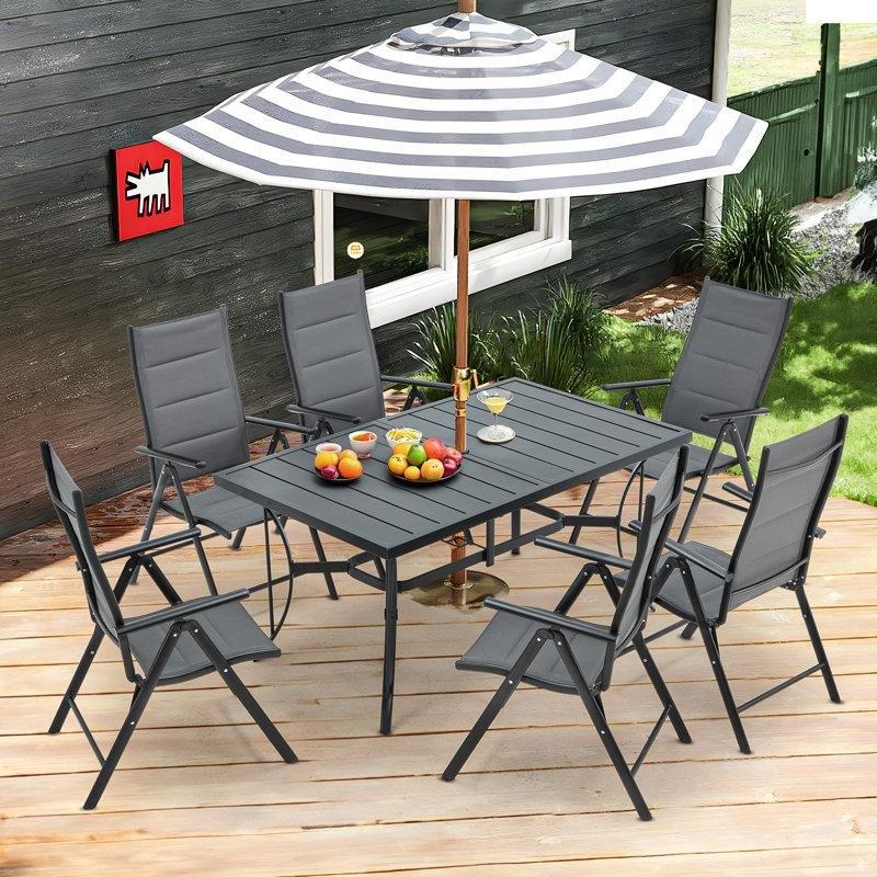 Gri Metal Katlanır ve Şemsiye Delikli 6 Kişilik Bahçe Masa Takımı - 150x91 cm - 213942