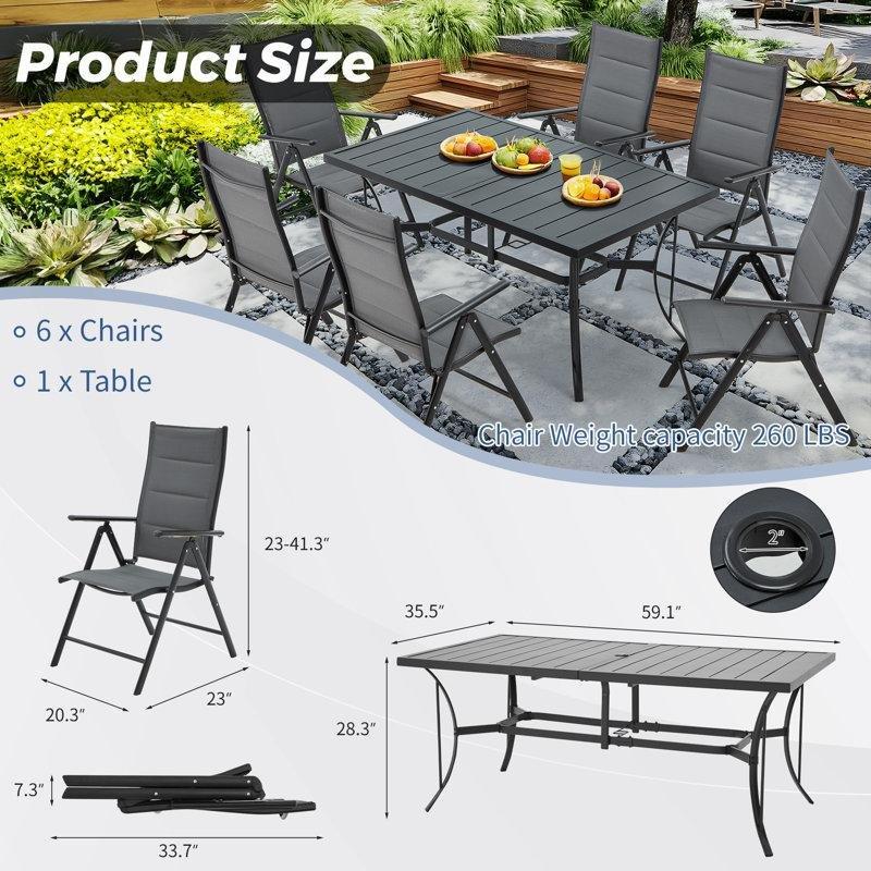 Gri Metal Katlanır ve Şemsiye Delikli 6 Kişilik Bahçe Masa Takımı - 150x91 cm - 213942