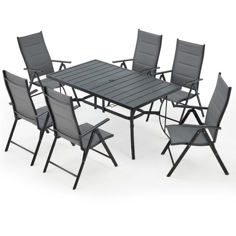 Gri Metal Katlanır ve Şemsiye Delikli 6 Kişilik Bahçe Masa Takımı - 150x91 cm - 213942