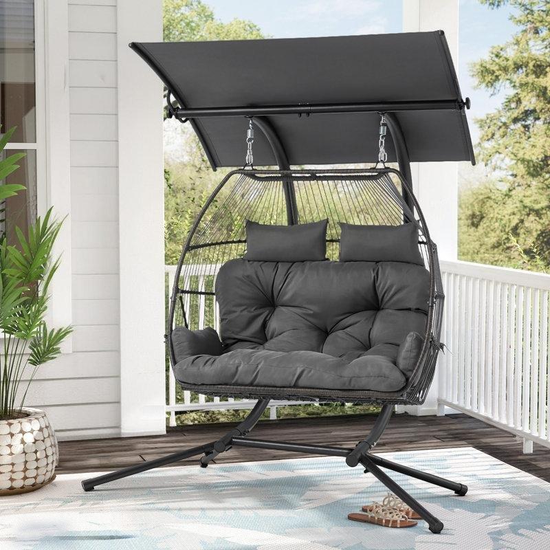 Gri Metal Rattan Çift Kişilik Gölgelikli Ayaklı Balkon Salıncağı - 174254