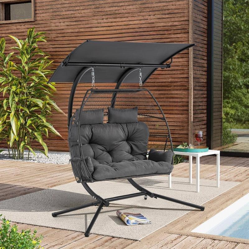 Gri Metal Rattan Çift Kişilik Gölgelikli Ayaklı Balkon Salıncağı - 174254
