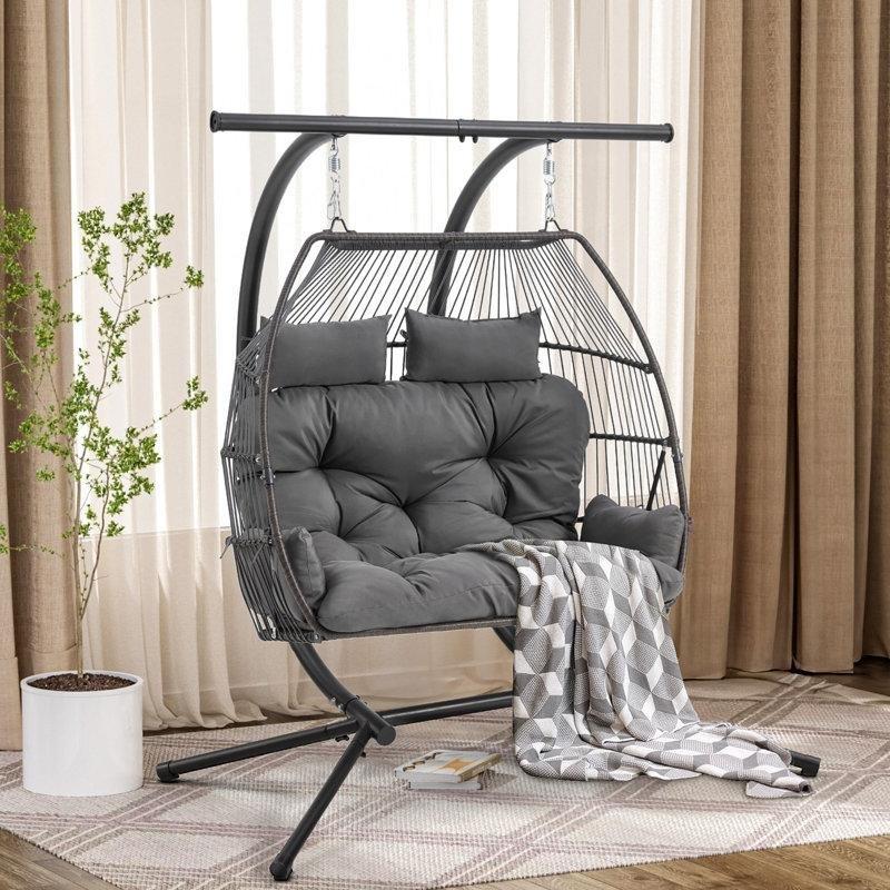 Gri Metal Rattan Çift Kişilik Gölgelikli Ayaklı Balkon Salıncağı - 174254