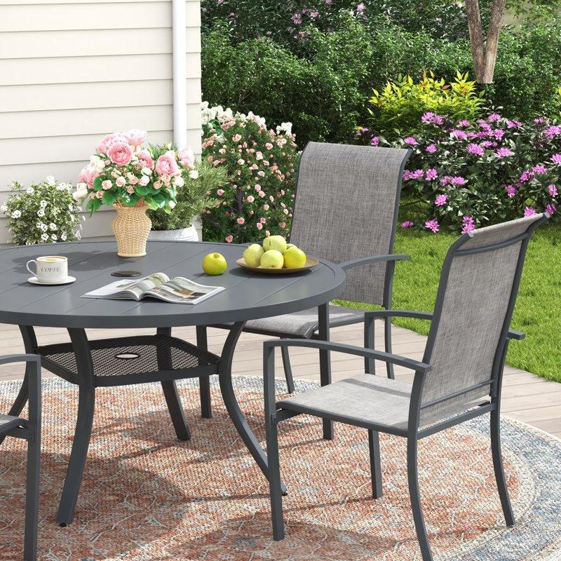 Gri Metal Şemsiye Delikli İstiflenebilir Yuvarlak Bahçe Masa Takımı - 106 cm - 214206
