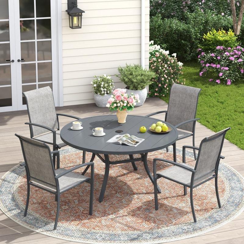 Gri Metal Şemsiye Delikli İstiflenebilir Yuvarlak Bahçe Masa Takımı - 106 cm - 214206
