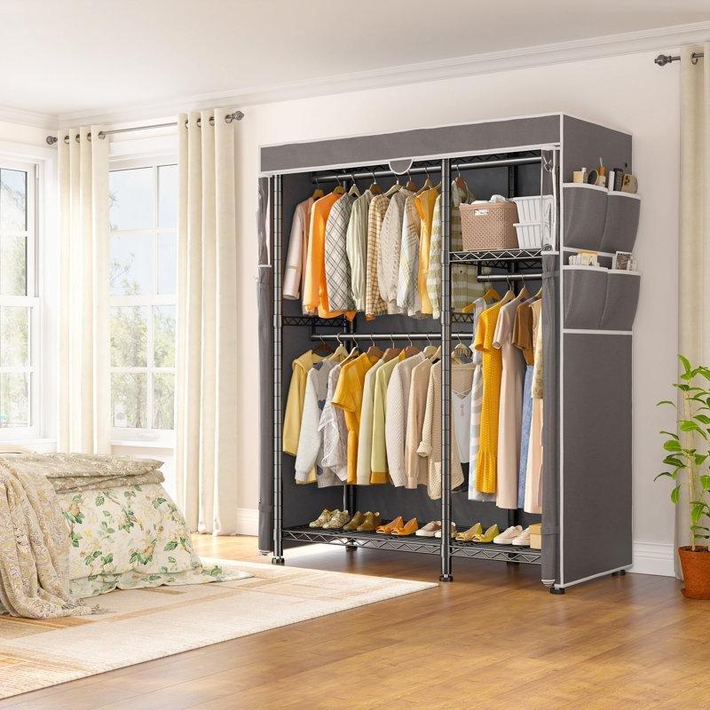 Gri Metal Tekerlekli Fermuarlı Ayarlanabilir Raflı Bez Dolap - 115x42x200 cm - 182979