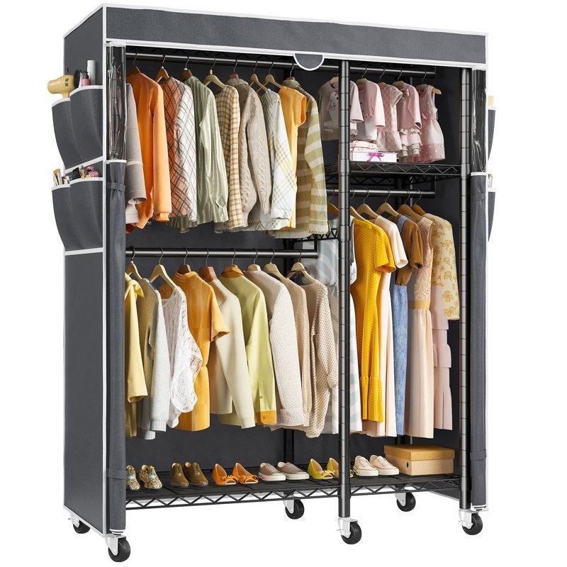 Gri Metal Tekerlekli Fermuarlı Ayarlanabilir Raflı Bez Dolap - 115x42x200 cm - 182979