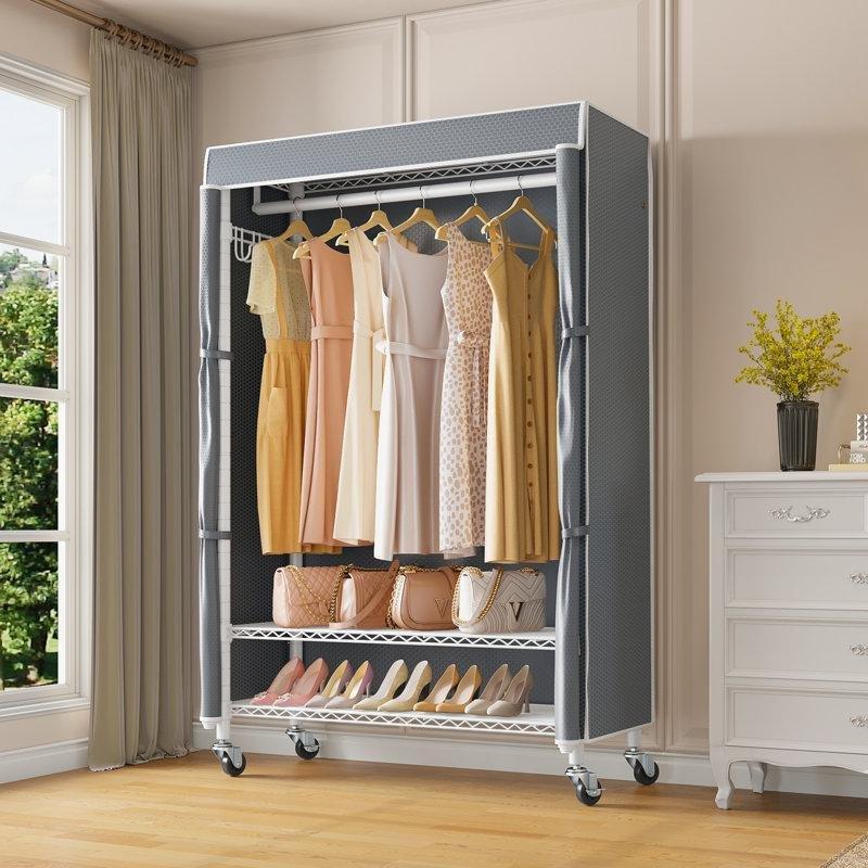 Gri Metal Tekerlekli Fermuarlı Raflı Bez Dolap - 93 cm - 182971