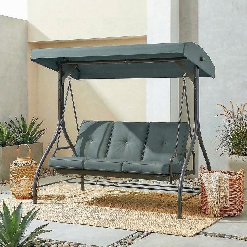 Gri Metal Yatağa Dönüşebilen Üç Kişilik Ayaklı Balkon Salıncağı - 174448