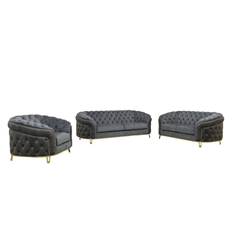 Gri Mikro Süet Kapitoneli Gold Metal Ayaklı Koltuk Takımı - 191352