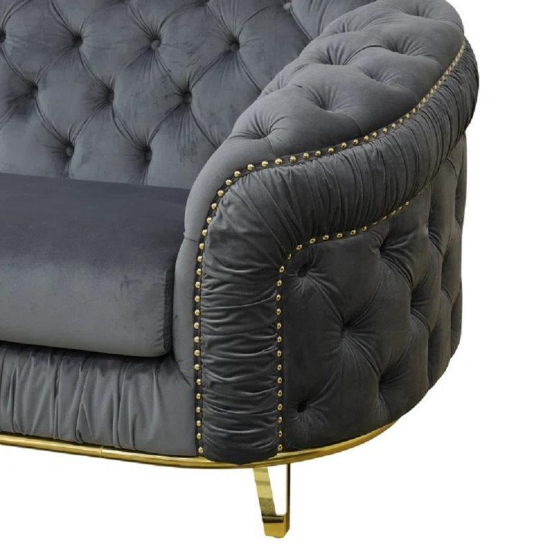 Gri Mikro Süet Kapitoneli Gold Metal Ayaklı Koltuk Takımı - 191352