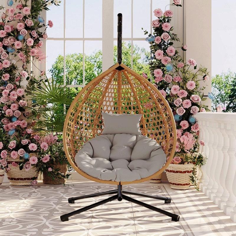 Gri Minderli Kahverengi Demir Ayaklı PE Rattan Balkon Salıncağı - 174294