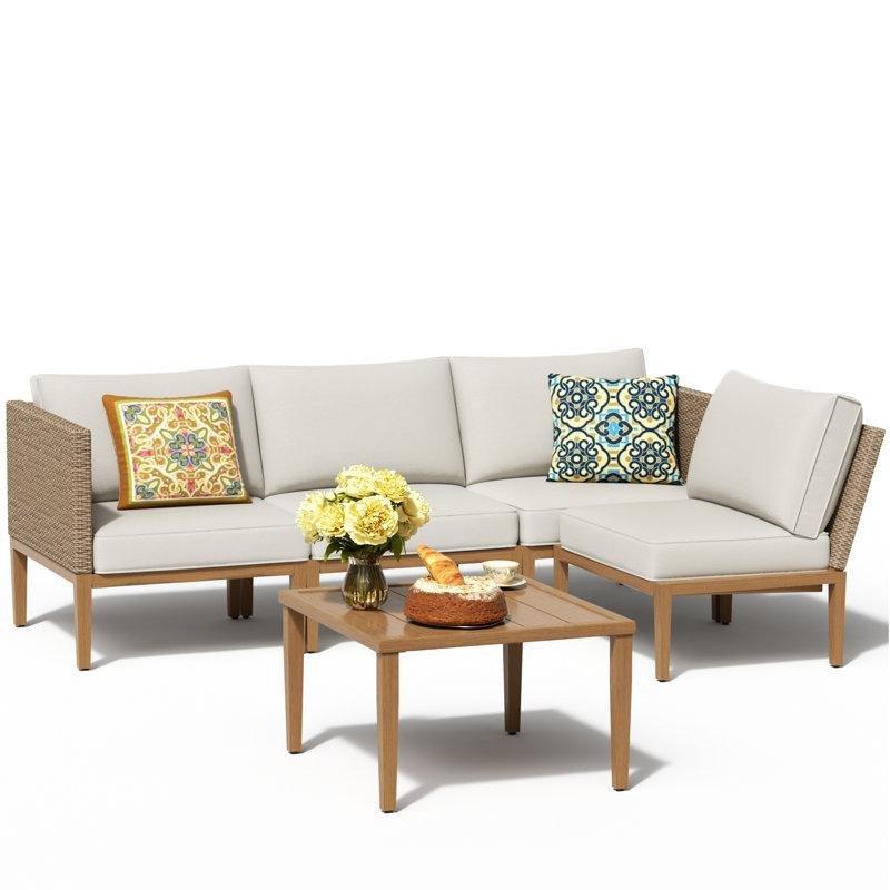 Gri Minderli Kahverengi El Örgüsü Rattan 5 Parça Modüler Bahçe Takımı - 210656