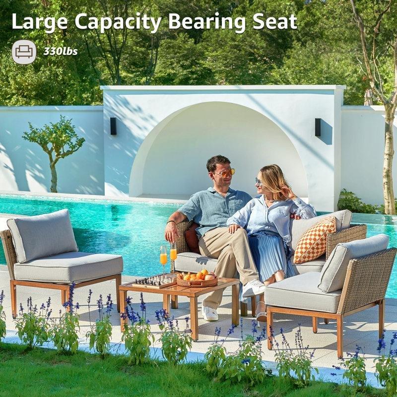 Gri Minderli Kahverengi El Örgüsü Rattan 5 Parça Modüler Bahçe Takımı - 210656