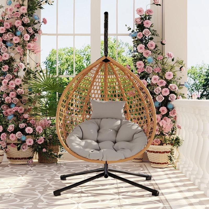 Gri Minderli Kahverengi PE Rattan Katlanabilir Balkon Salıncağı - 174064