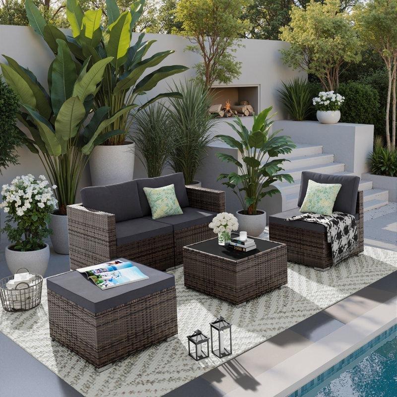 Gri Minderli Kahverengi Rattan Modüler 4 Kişilik Bahçe Takımı - 212807