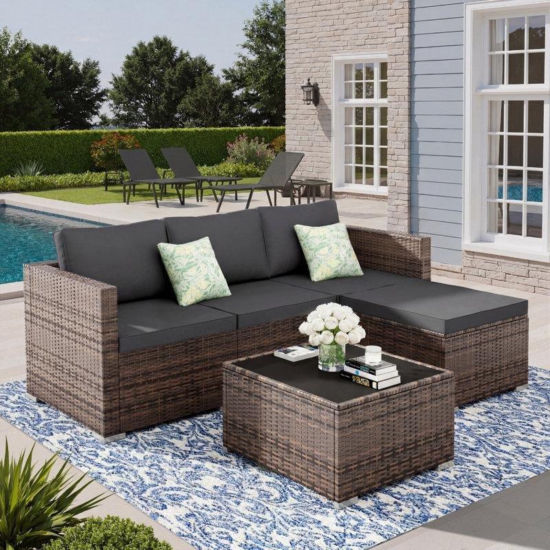 Gri Minderli Kahverengi Rattan Modüler 4 Kişilik Bahçe Takımı - 212807