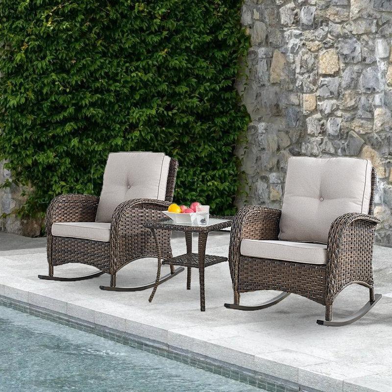Gri Minderli Kahverengi Rattan Sehpalı 3 Parça Sallanan Sandalye Seti - 219183