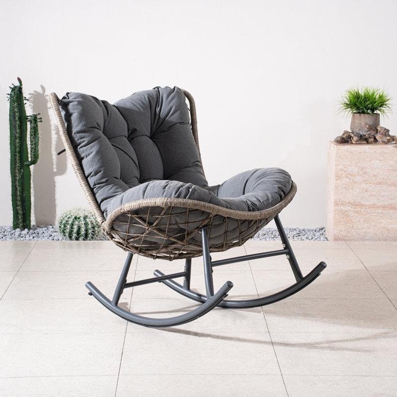 Gri Minderli Kahverengi Rattan ve Metal Güvenlik Stoperli Sallanan Sandalye - 218875