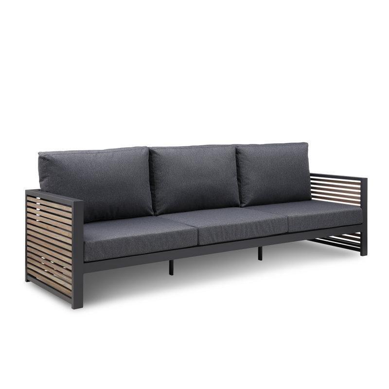 Gri Minderli Mat Siyah Alüminyum ve Teak Ağacı Kılıflı Modüler Palet Koltuk - 252 cm - 177576