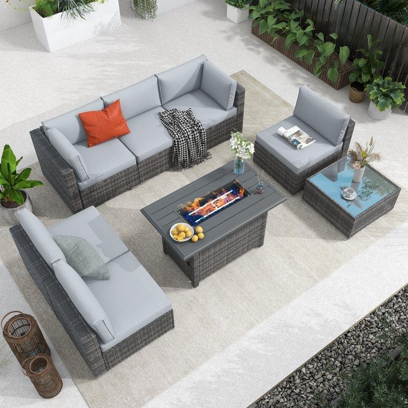 Gri Minderli Rattan Modüler Ateş Çukurlu 6 Kişilik Bahçe Takımı - 213029