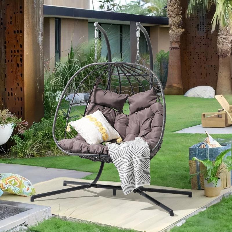 Gri Minderli Siyah Rattan Çift Kişilik Ayaklı Balkon Salıncağı - 175042