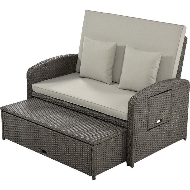 Gri Minderli Yatma Fonksiyonlu Çift Kişilik Rattan Şezlong - 180 cm - 171169