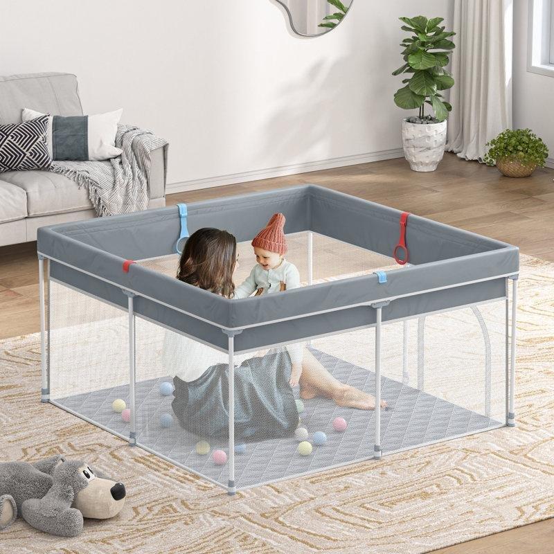 Gri Oxford Kumaş Katlanabilir Minderli Taşınabilir Bebek Çocuk Oyun Alanı - 127x127 cm - 181280